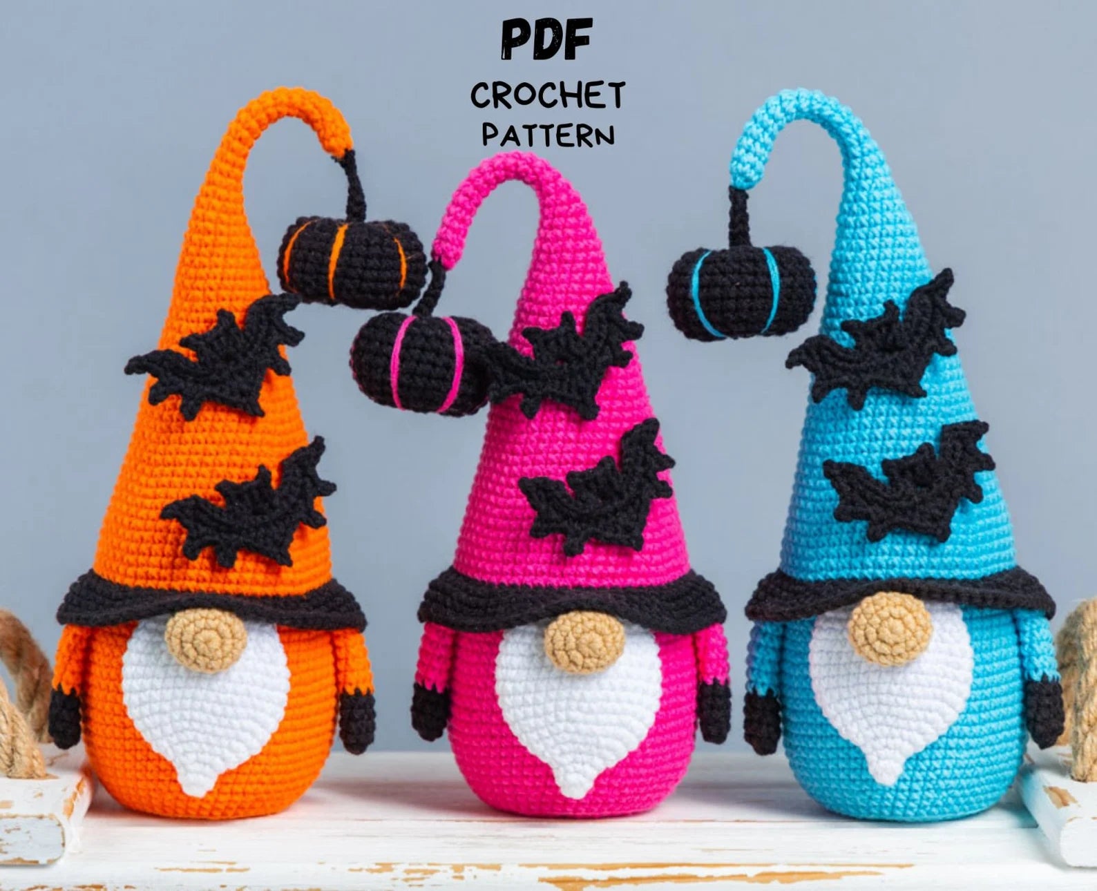 Crochet patterns Halloween gnome bundle with bat and pumpkin