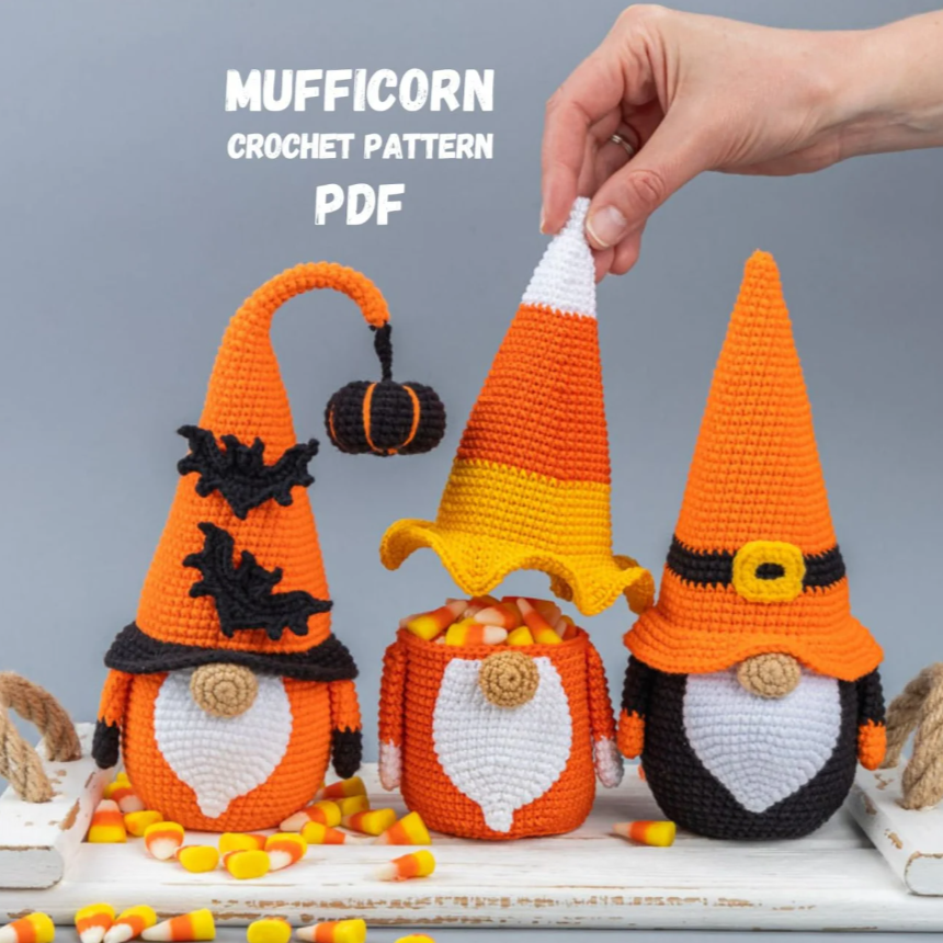 Crochet patterns Halloween gnome bundle with bat and pumpkin
