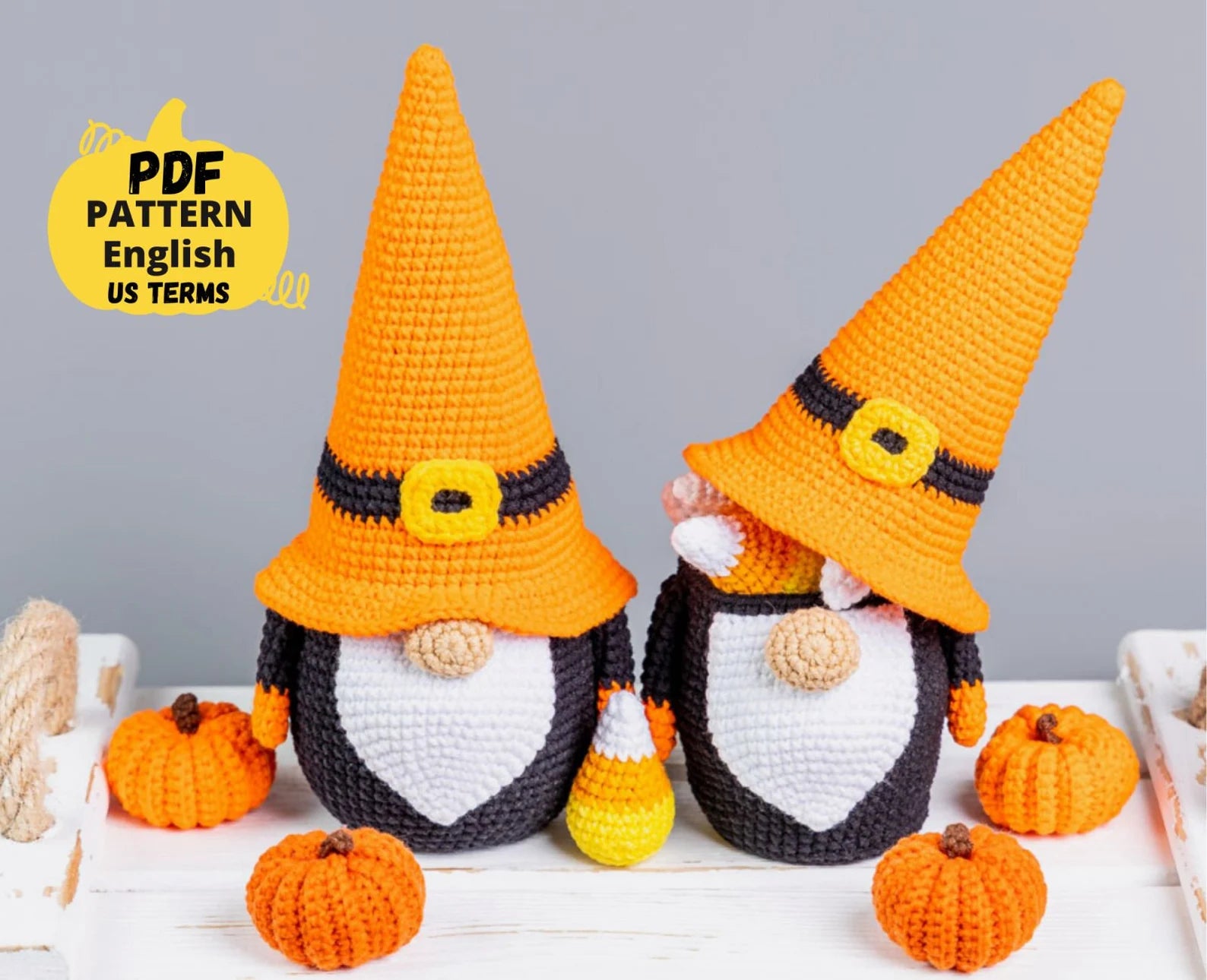 Crochet patterns Halloween gnome bundle with bat and pumpkin